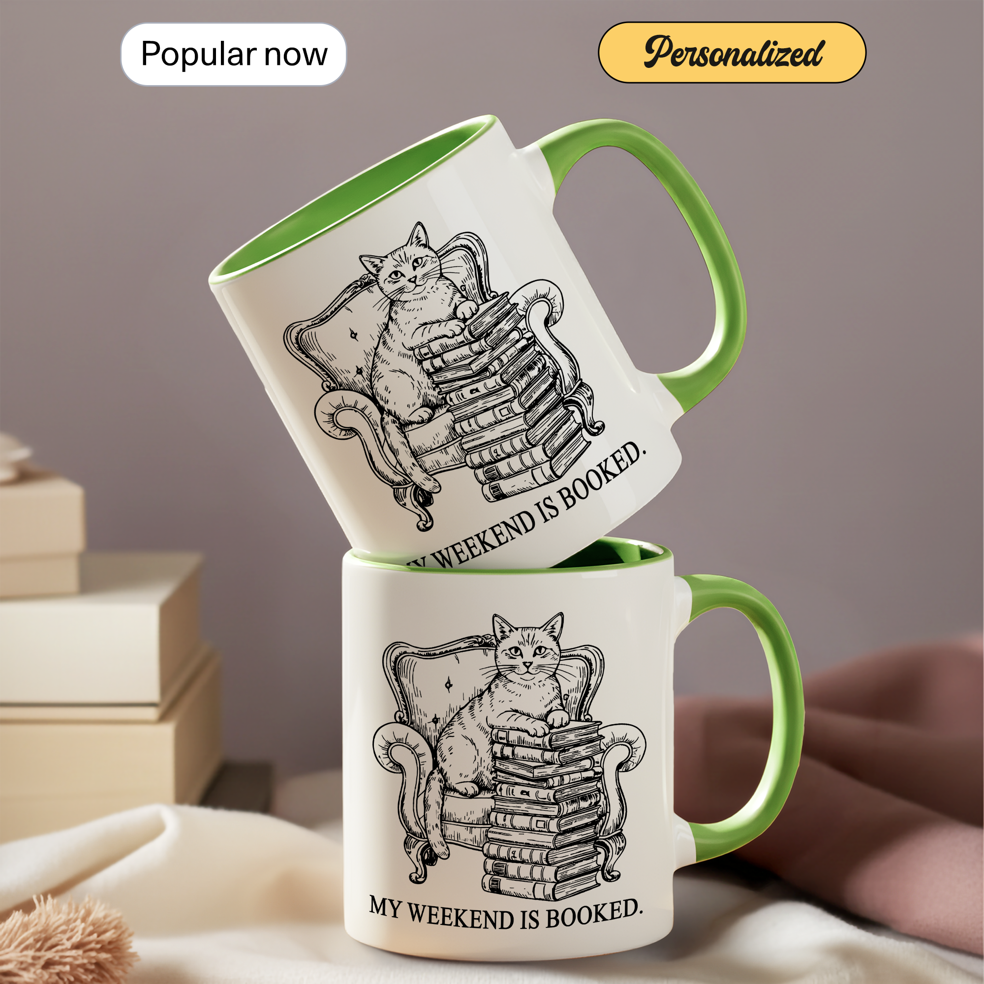 My Weekend Is Booked Mug – Vintage Cat Reading Coffee Cup – Book Lover Gift – Introvert Humor Mug – 11oz 15oz Ringer Mug |Mug  135