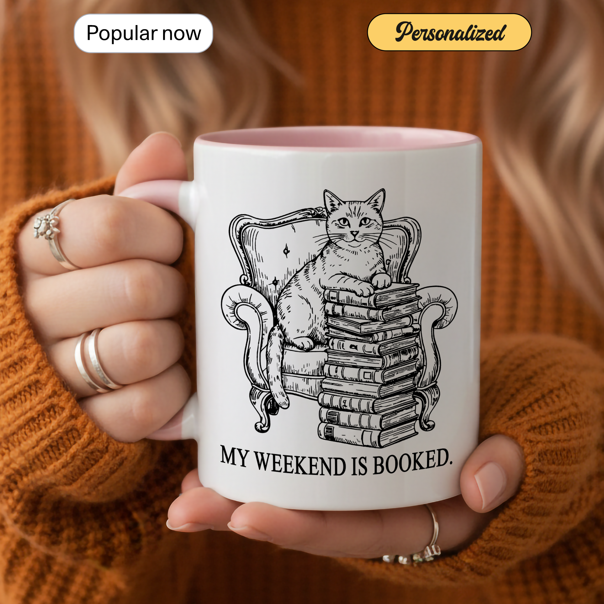 My Weekend Is Booked Mug – Vintage Cat Reading Coffee Cup – Book Lover Gift – Introvert Humor Mug – 11oz 15oz Ringer Mug |Mug  135