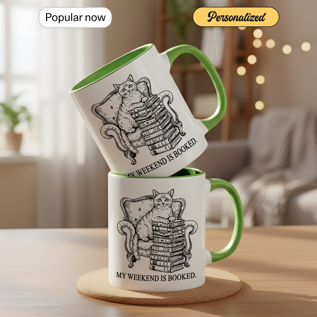 My Weekend Is Booked Mug – Vintage Cat Reading Coffee Cup – Book Lover Gift – Introvert Humor Mug – 11oz 15oz Ringer Mug |Mug  135
