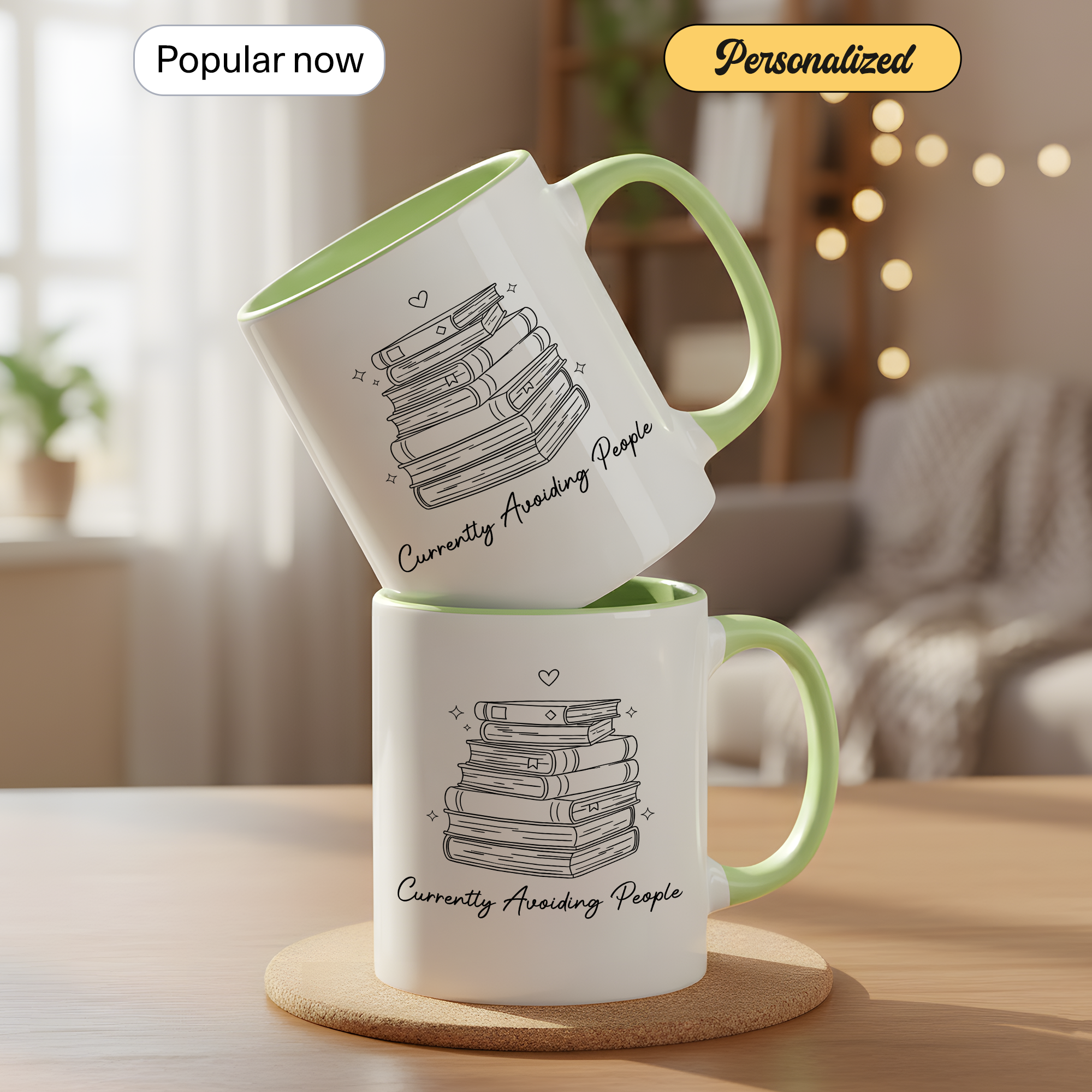 Cozy Reading Time Mug – Stack of Books Coffee Cup – Minimalist Book Lover Ringer Mug – Gift for Readers |Mug 98